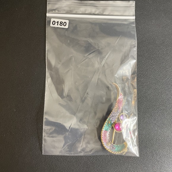 Vintage Swirl Enamel Loop Brooch Asymmetrical Pin Pink Purple Gold Tone Jewelry - Picture 10 of 10